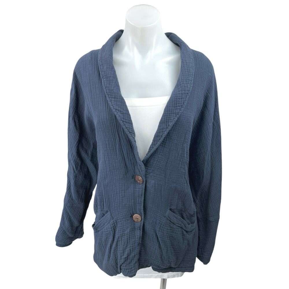 Free People Navy Blue Crinkled Cotton Button Lightweight Blazer Coat Jacket Sz S